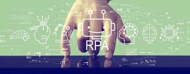 Robotic process automation concept with hand pressing a screen of a tablet computer