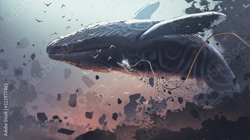 Fotografía astronaut floating near the fantasy whale that jumping out of the rock, digital