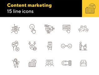 Canvas Print - Content marketing icons. Set of line icons. Mobile in hand, balloons with numbers. Finance concept. Vector illustration can be used for topics like banking, business