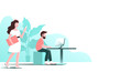 canvas print picture - Young office workers. A woman is walking with a smartphone. A man sits at a computer. Vector illustration with place for text.