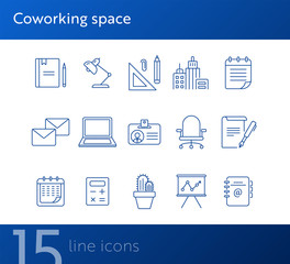 Wall Mural - Coworking space icon set. Line icons collection on white background. Document, supplies, stationary. Office concept. Can be used for topics like business, management, start-up