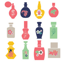 Vector Set With Vintage Cosmetic And Perfume Bottles Silhouette With Herbs And Flowers. Illustration.
