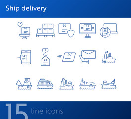 Poster - Ship delivery icons. Set of line icons. Cargo ship, freight ship, delivery mail. Shipping concept. Vector illustration can be used for topics like export, transportation, post service