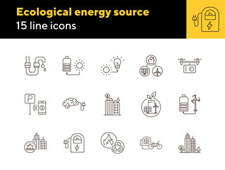 Wall Mural - Ecological energy source icons. Set of line icons. City alarm, recycling, quadcopter with box. Alternative energy concept. Vector illustration can be used for topics like environment, ecology