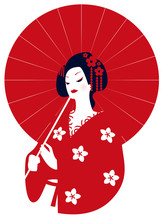 Geisha In Kimono With A Red Umbrella In Her Hands. Vector Illustration. Red Circle As A Symbol Of Japan.