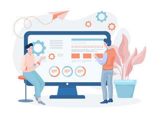 Men developing website or mobile application vector flat illustration. People building apps.