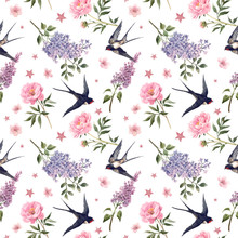 Beautiful Vector Gentle Spring Seamless Floral Pattern With Watercolor Anemone, Lilac, Peony Flowers And Swallow Birds. Stock Illustration.