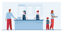 Fast Food Restaurant Counter. Checkout, Cashiers, Menu, Customers With Trays Flat Vector Illustration. Cafe, Diner, Eating Concept For Banner, Website Design Or Landing Web Page