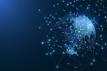 Global network connection concept. Big data visualization. Social network communication in the global computer networks. Internet technology. Business. Science. Vector illustration