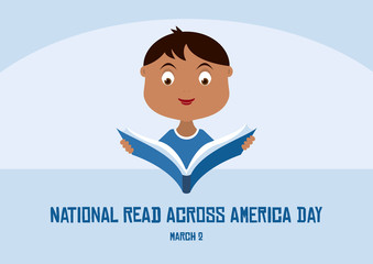 Wall Mural - National Read Across America Day vector. Little reader with book vector. Little boy reading a book vector. Boy with book cartoon character. Student with book illustration. Important day