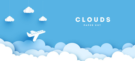 paper airplanes flying across clouds. design paper art and crafts. vector illustration