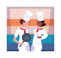 Wall Mural - beautiful women cooking, chef in white uniform