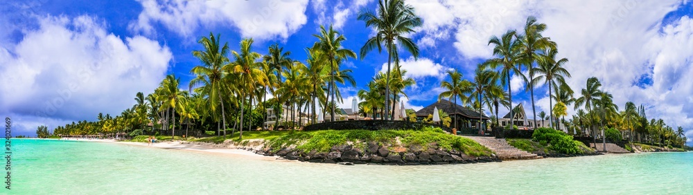 Splendid panoramic view of tropical beach Belle Mare in Mauritius island - obrazy, fototapety, plakaty 