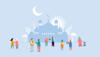 Ramadan Kareem, Eid mubarak, greeting card and banner with many people, giving gifts, food.Islamic holiday background. Vector illustration