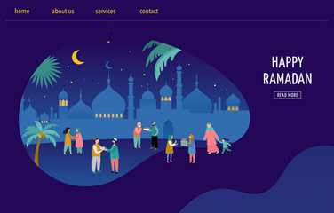 Wall Mural - Ramadan Kareem, Eid mubarak, greeting card and banner with many people, giving gifts, food. Islamic holiday background. Vector illustration