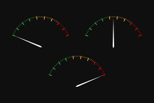 Set Of Simple Vector Tachometers With Indicators In Red, Yellow And Green Part,  Speedometer Icon, Performance Measurement Symbol On Black Background