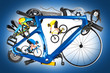© stockphoto-graf - cyclist athlete and bicycle frame with many bike parts from mountain bike road racing downhill enduro and freestyle dirt jump. cycling and sport concept  blue white background