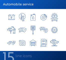 Poster - Automobile service icons. Set of line icons. Wheel, car lift, accumulator. Car repair concept. Vector illustration can be used for topics like car service, business, advertising