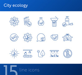 Wall Mural - City ecology line icons. Set of line icons. Cup, speechbubble, recycling. Eco technology concept. Vector illustration can be used for topics like ecology, technology, environment