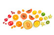 Fruits healthy food layout. Papaya, orange, kiwi, lemon isolated on white. Detox fruity health vitamin diet creative concept. Colorful fresh raw fruit tropical vegan background, top view.