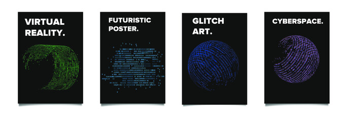 Canvas Print - Set of cyberpunk/ vaporwave/ synthwave style futuristic posters with binary code and 3d figures. Collection of covers for hackathon, informational security or infosec event.