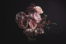 Beautiful Bouquet On Black Background. Floral Card Design With Dark Vintage Effect