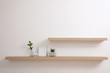 Wooden shelves with plants and photo frame on light wall