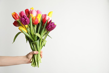 Wall Mural - Woman holding beautiful spring tulips on white background, closeup. Space for text