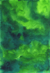 Wall Mural - Deep green abstract watercolor background, wet smear. Green and emerald smudges of paint. Hand drawn splashes with free space for text