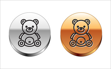 Poster - Black line Teddy bear plush toy icon isolated on white background. Silver-gold circle button. Vector Illustration