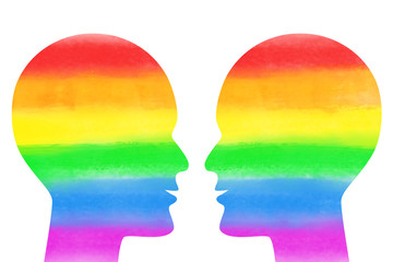 Two heads facing each other in silhouette with watercolor brush strokes in rainbow colors. Colorful LGTB concept isolated on white background. Digitally generated brush strokes.