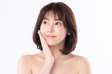 Portrait beautiful young asian woman clean fresh bare skin concept. Asian girl beauty face skincare and health wellness, Facial treatment, Perfect skin, Natural makeup, on white background,two