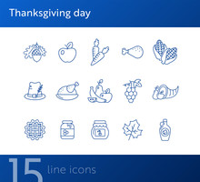 Thanksgiving Day Line Icon Set. Turkey, Fruit, Pie, Jar Of Honey. Thanksgiving Concept. Can Be Used For Topics Like Autumn, Holiday, Dinner, Harvest