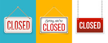 Creative Vector Illustration Sign - Sorry We Are Closed Background. Art Design Closed Banner On Door Store Template. Signboard With A Rope. Abstract Concept For Businesses, Site, Shop Services Element