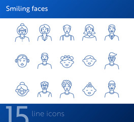 Wall Mural - Smiling faces icons. Set of line icons on white background. Senior woman, baby, balding man. People concept. Vector illustration can be used for topics like application, lifestyle, family