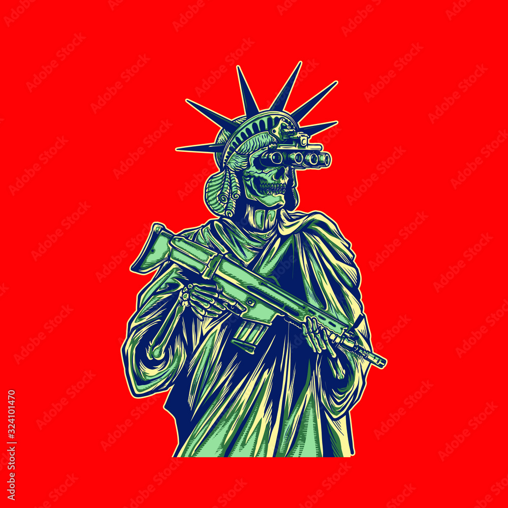 Vector illustration of liberty statue bring gun and wear night vision - obrazy, fototapety, plakaty 