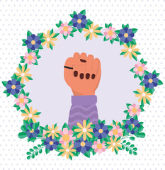 Sticker - Hand with flowers and leaves of women empowerment vector design