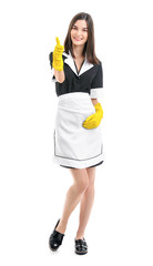 Poster - Portrait of beautiful chambermaid showing thumb-up on white background