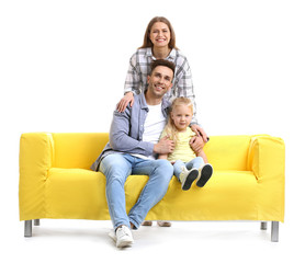 Sticker - Happy young family with sofa on white background