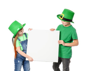 Sticker - Funny little children with blank poster on white background. St. Patrick's Day celebration