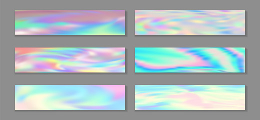 Wall Mural - Holographic blurred flyer horizontal fluid gradient unicorn backgrounds vector set. Silk neon holo 