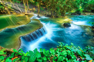  Beautiful waterfall in deep forest of Thailand, Breathtaking view of Huay Mea Kamin waterfall, Located Kanchanaburi, Thailand.