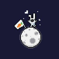 Wall Mural - Pixel art cartoon cute astronaut rabbit on moon.