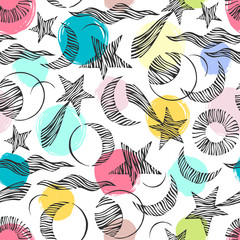  Seamless pattern. Signs of the zodiac, phases of the moon, sun and moon. Engraving style. Astrology.