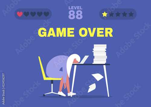 Cuadros en Lienzo Game over, professional burnout, Young exhausted female manager sitting at the o