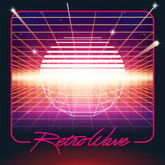 Sticker - 80s Retro Sci-Fi Background. Vector futuristic synth retro wave illustration in 1980s posters style. Suitable for any print design in 80s style