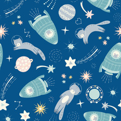 Wall Mural - Space cat and spaceship pattern design. Vector seamless solar system repeat.