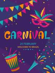 Wall Mural - Carnival poster design with dark geometric background. Rio Carnival colorful inscription with mask, garland and drum. Vector template with Colorful Party Elements. Brazilian Rhythm, Dance and Music.