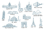 Fototapeta Big Ben - Set of most famous sights of the world. Collection of famous buildings and monuments of different countries and cities. Vector line illustrations in sketch style, isolated.