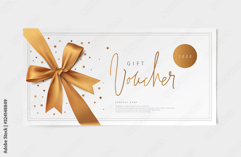 gold vector voucher design with a bow - obrazy, fototapety, plakaty 